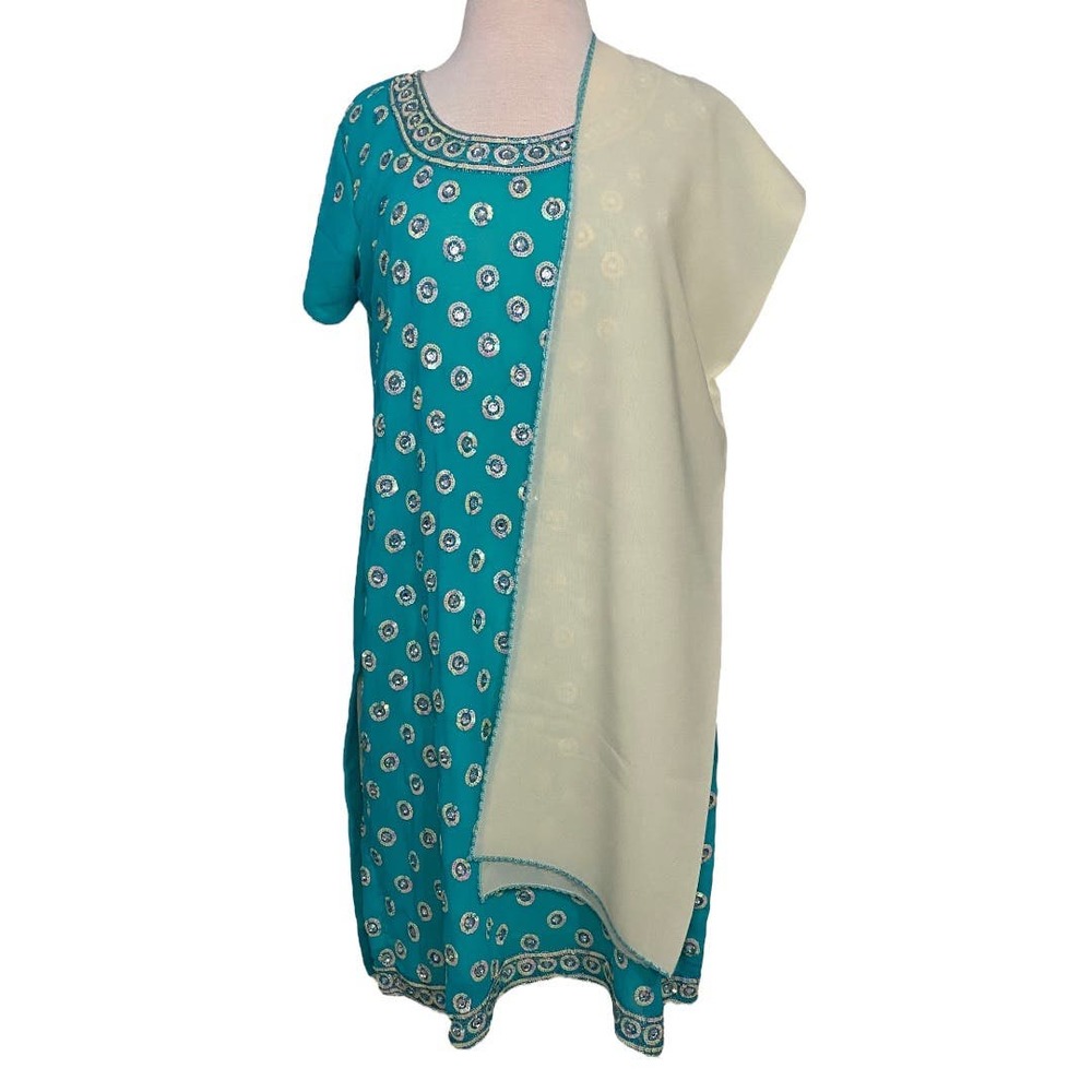 Women's 3 Piece Blue- Green & Cream Indian Salwar Kameez / Punjabi